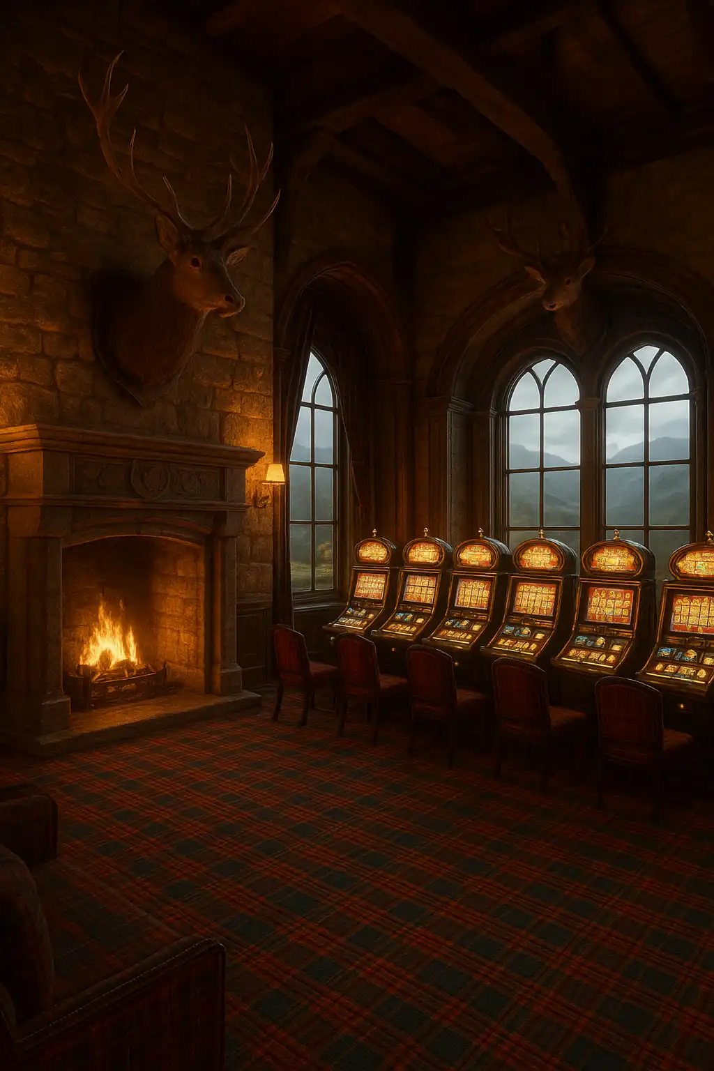 Tartan-clad Highland manor casino hall with stag antlers, oak beams and glowing slot machines