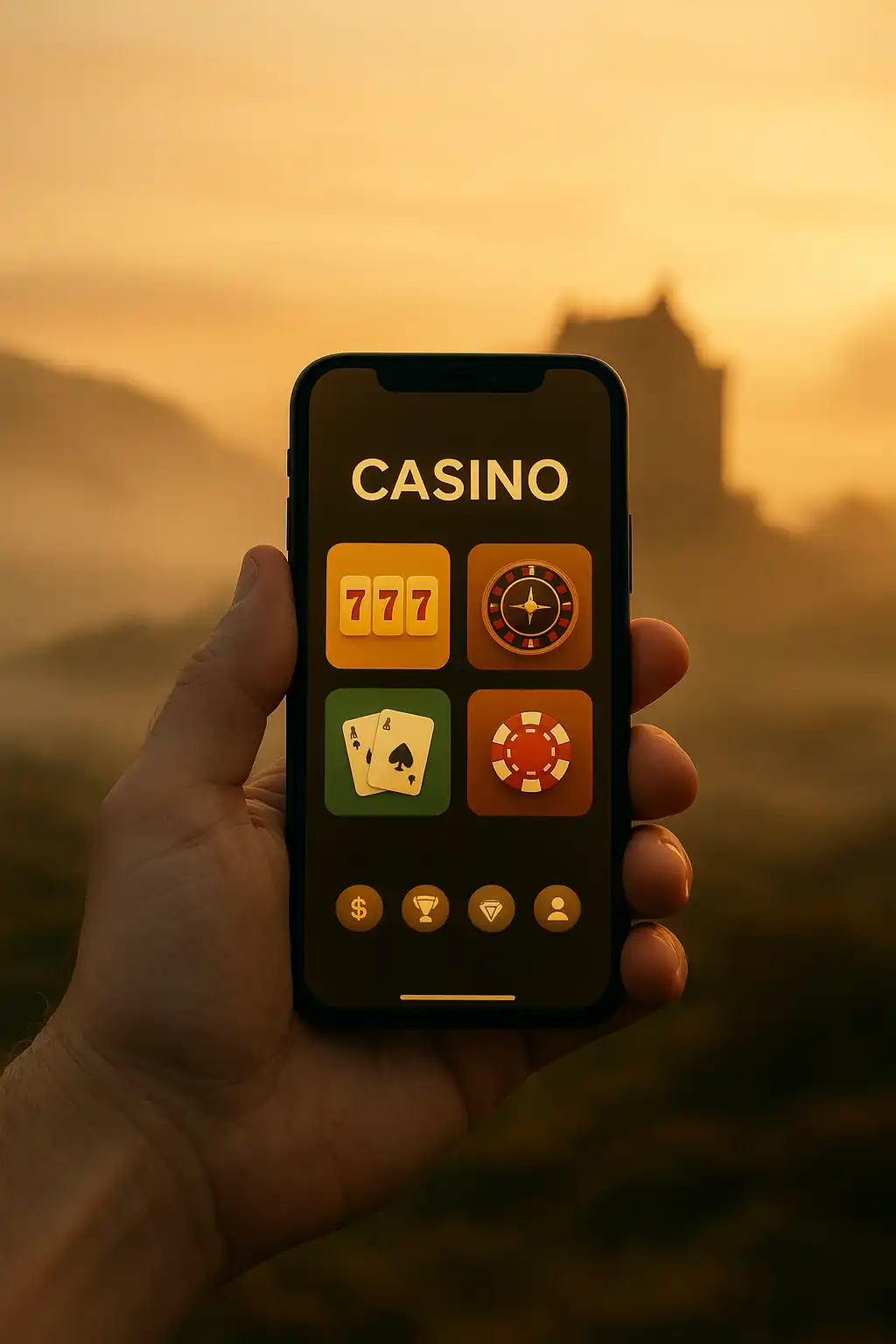 Hand holding a smartphone showing the TweedBet mobile casino lobby against a misty Highland backdrop
