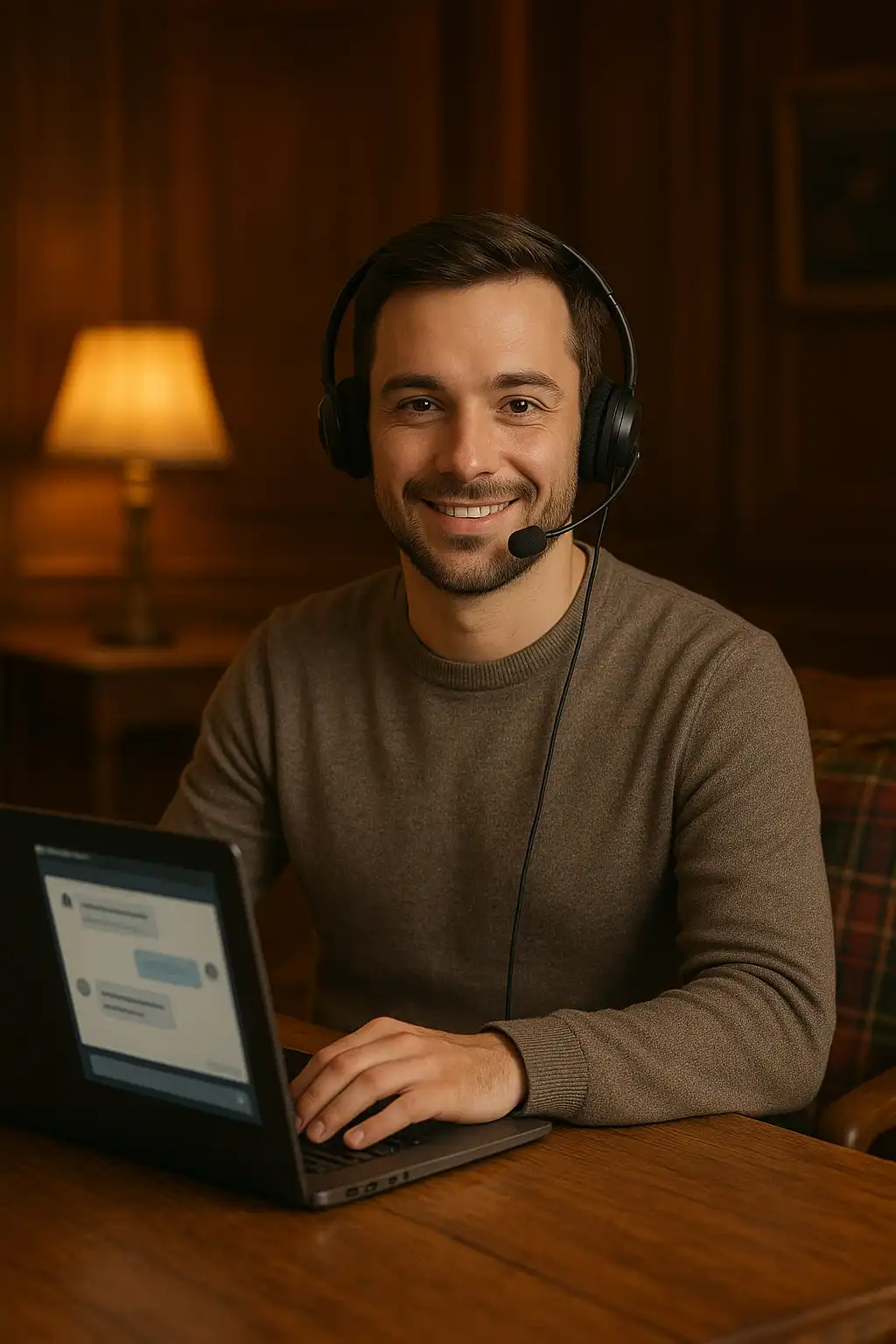 Support agent at a manor desk with a headset, tartan cushion and laptop showing a live chat window